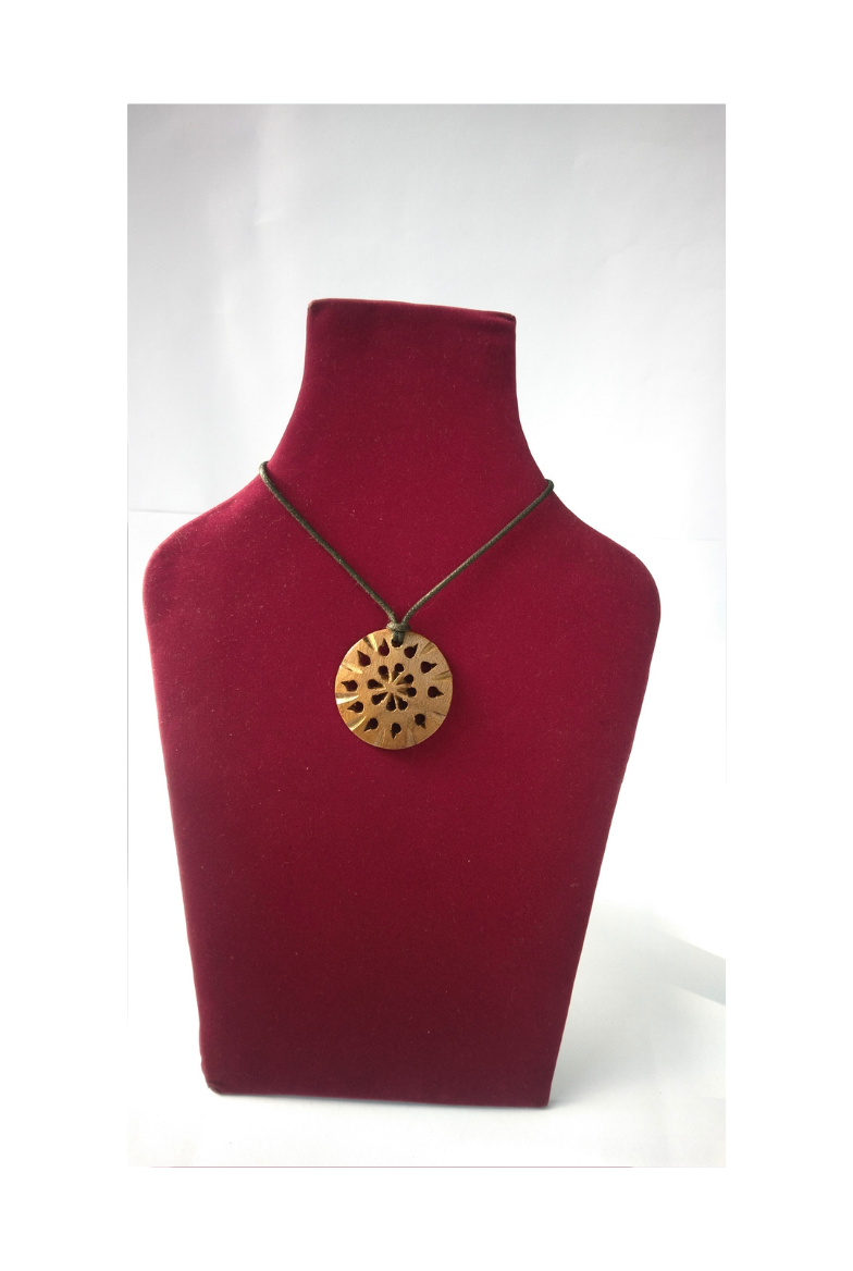 Hand-Carved Wooden Round Pendant Necklace