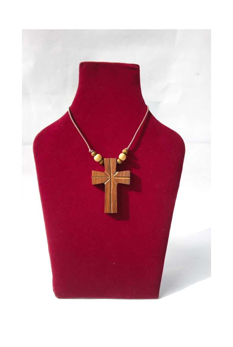 Carved Wood Cross Pendant on Leather Cord