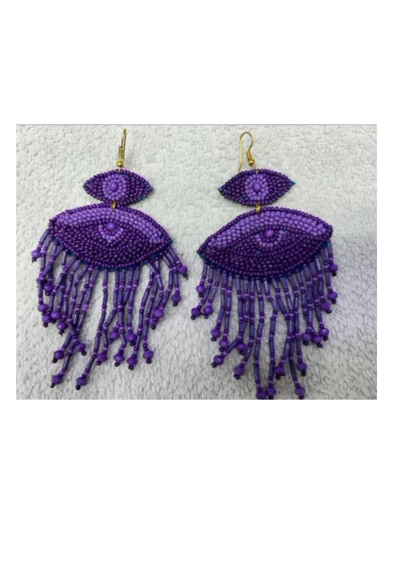 Purple Beaded Eye Fringe Earrings