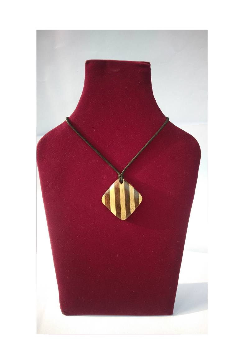 Striped Wooden Square Pendant Necklace