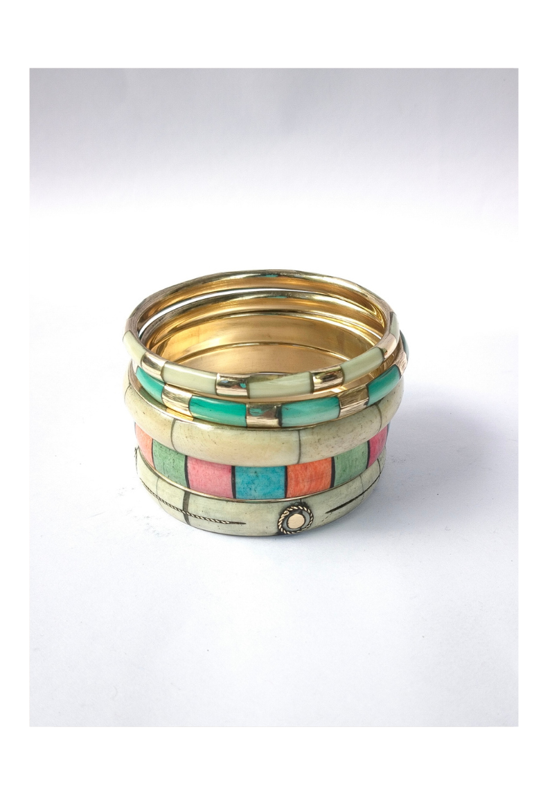 Colourful Bone Inlay Bangles with Brass Core – Set of 5