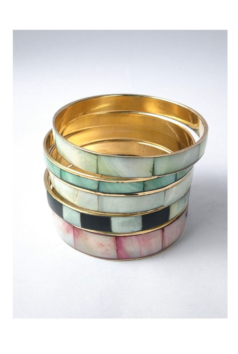 Colorful Shell Inlay Bangles with Brass Core – Set of 5