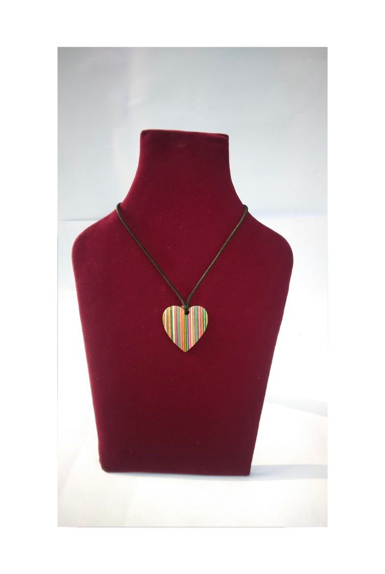 Colorful Striped Wooden Heart Pendant Necklace